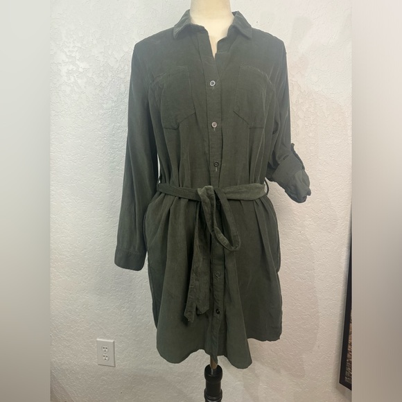 Lucky brand Green Soft Coloroid Dress Buttonup w/Waist Belt Sleeve Options Large - Picture 3 of 10